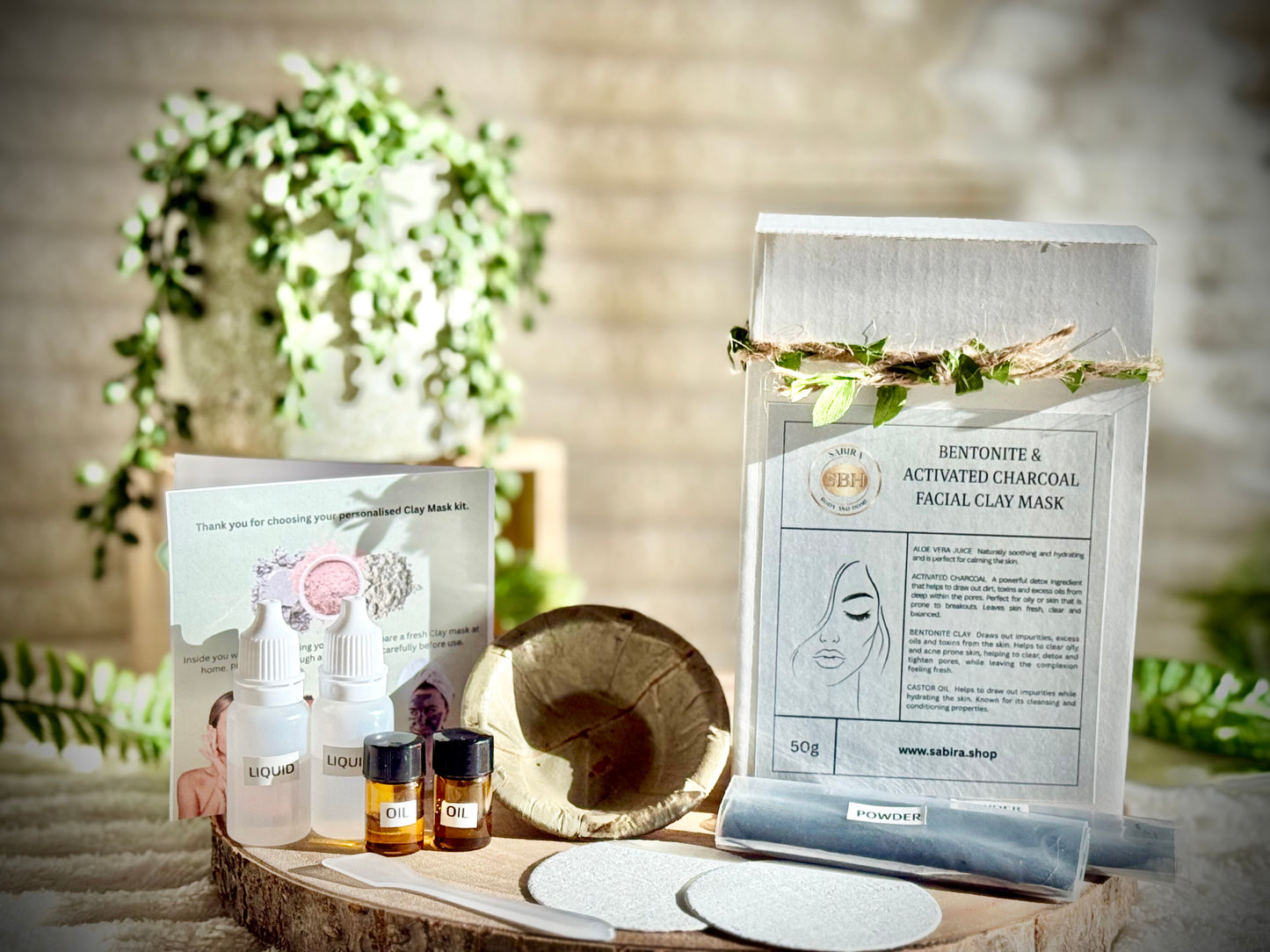 Skin care products. Clay mask kit with Bentonite and activated charcoal and aloe vera juice.