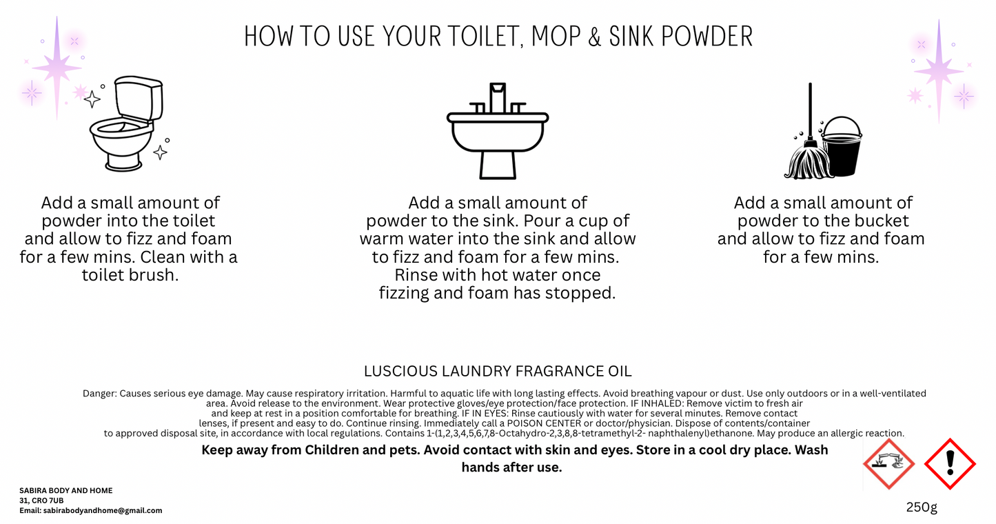 How to use instructions of Luscious Laundry toilet sink & mop cleaning powder.