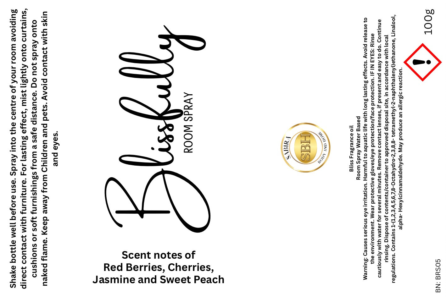 'Blissfully' water based room spray label. CLP label.