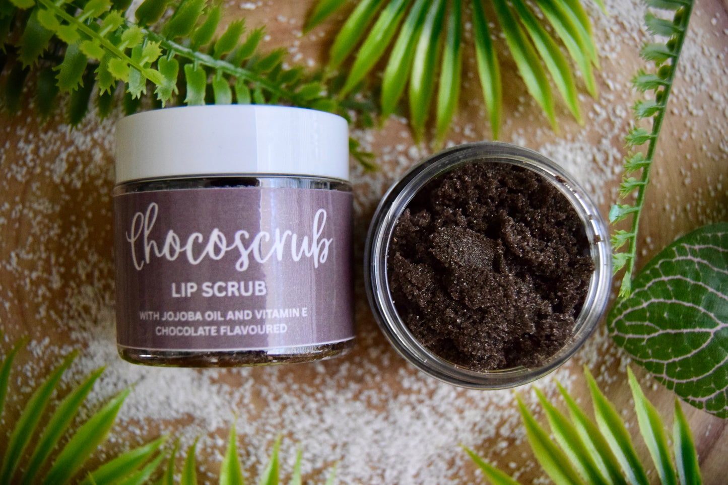 Sugar lip scrub with jojoba oil and vitamin e. chocolate flavoured sugar lip scrub.