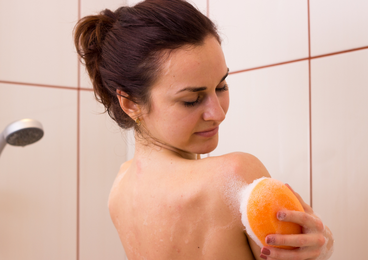 Soap sponge called Citrus Ritual. shower sponge infused with soap and a citrus fragrance.