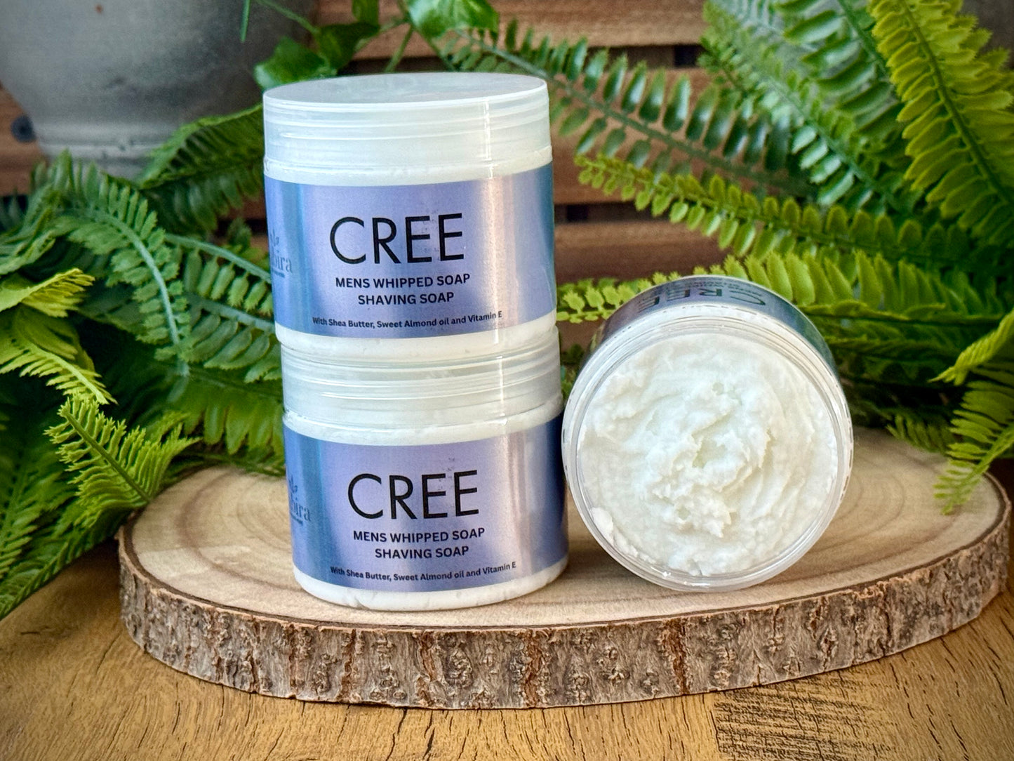 Cree whipped soap for men that can be used as a shaving soap. Contains Shea butter, sweet almond oil and vitamin e.