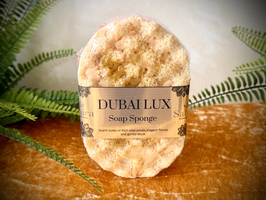 sponge infused with soap and a rose petal fragrance. exfolliating sponge. 