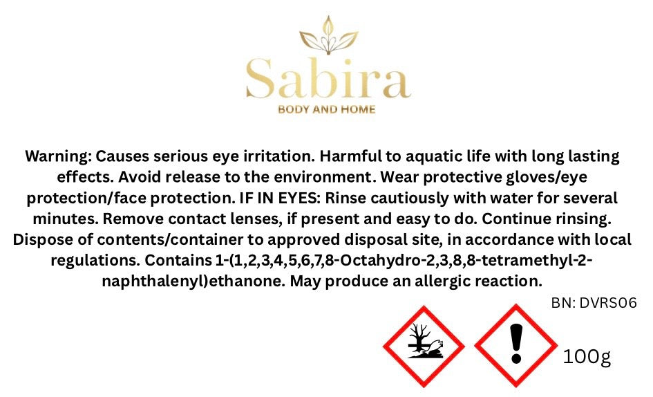 CLP label for dubai inspired scented water based room spray.