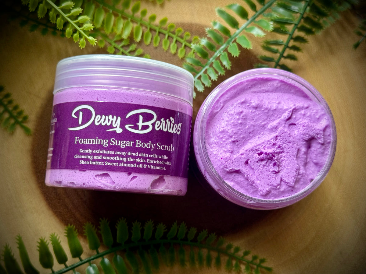 Sugar body scrub with shea butter, sweet almond oil and vitamin e and a berry scent.