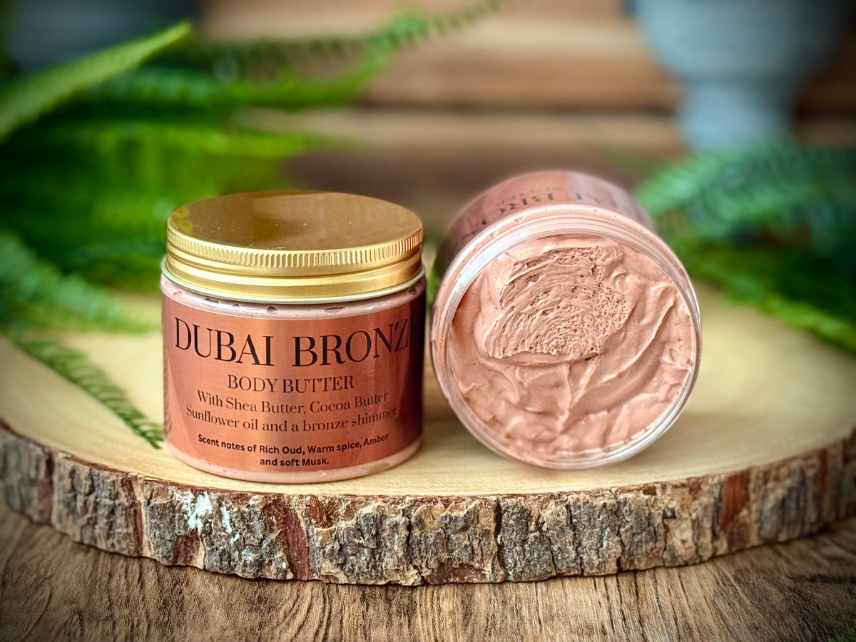 A rich fluffy body butter made with shea butter, cocoa butter and sunflower oil called Dubai Bronze.