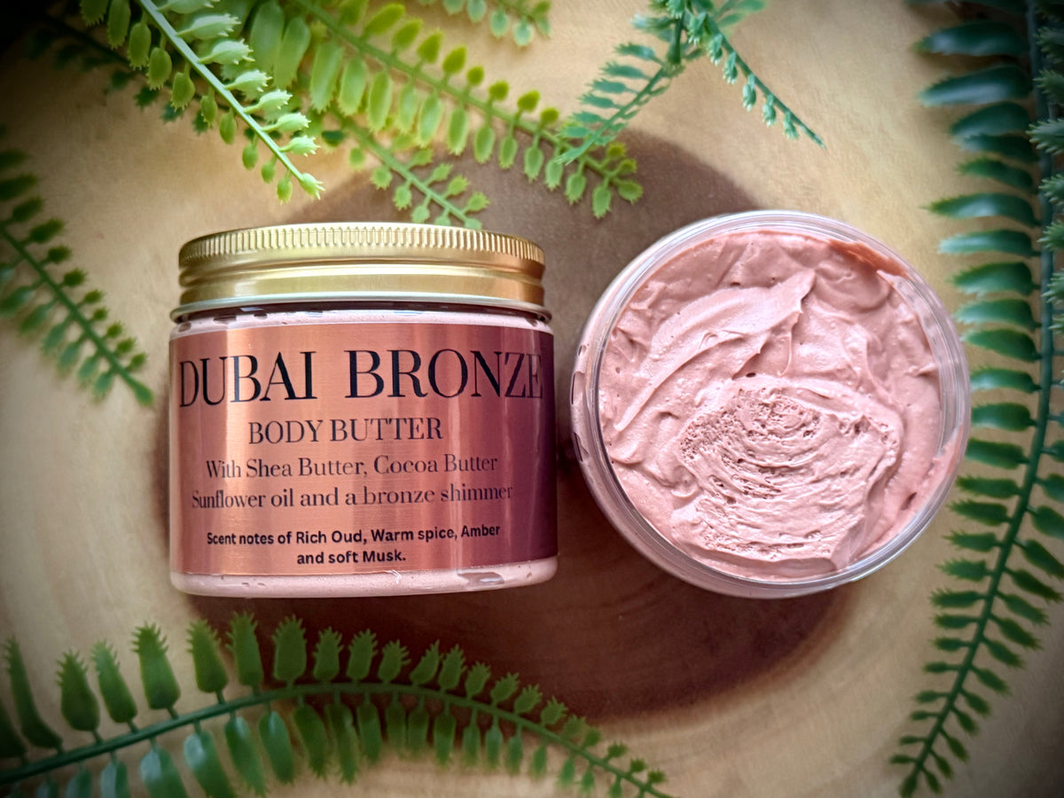Dubai Bronze body butter handmade with shea butter, cocoa butter, sunflower oil and a bronze shimmer to make your skin glow