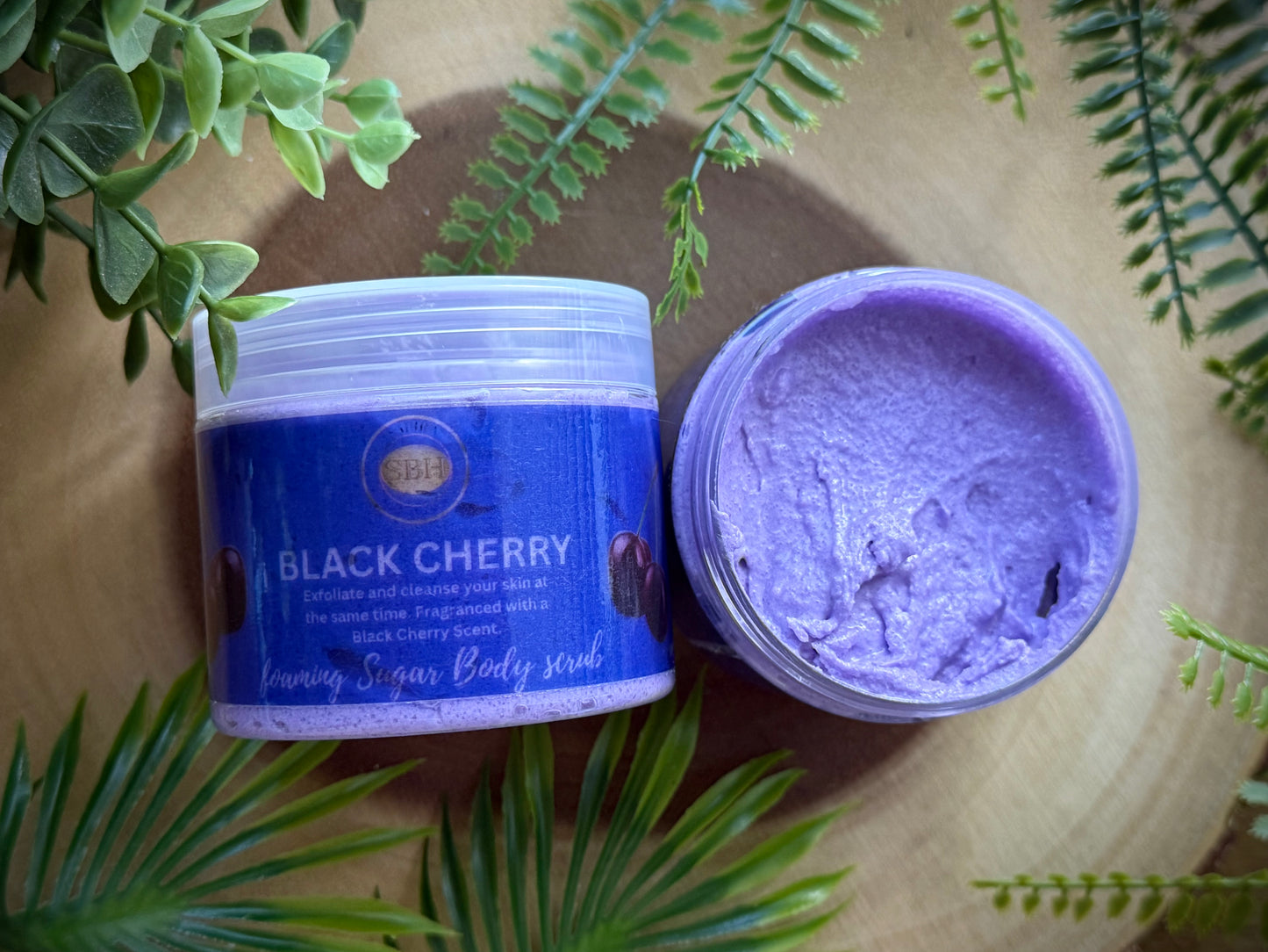 Sugar body scrub with shea butter and sweet almond oil. Scented with a black cherry fragrance.