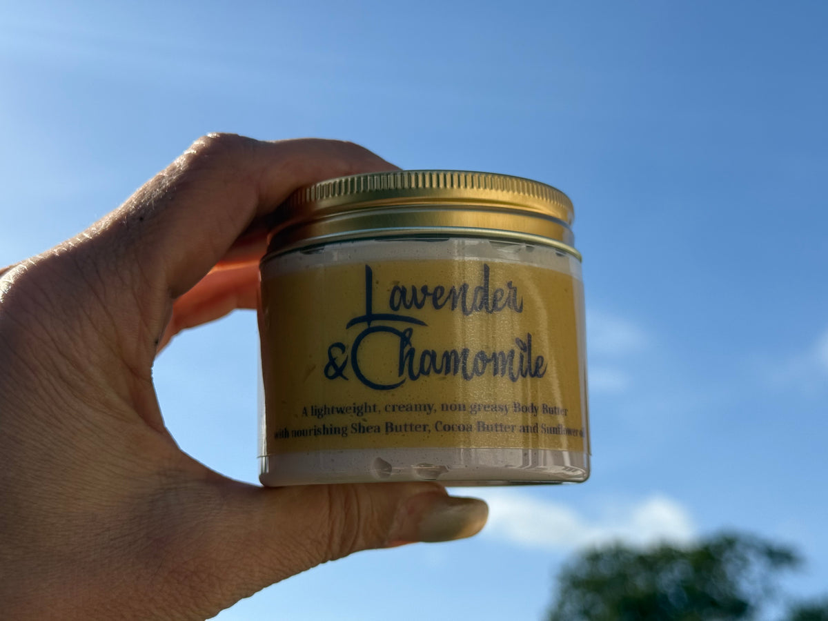 Lavender &  Chamomile scented Rich creamy body butter with shea butter, cocoa butter and sunflower oil.