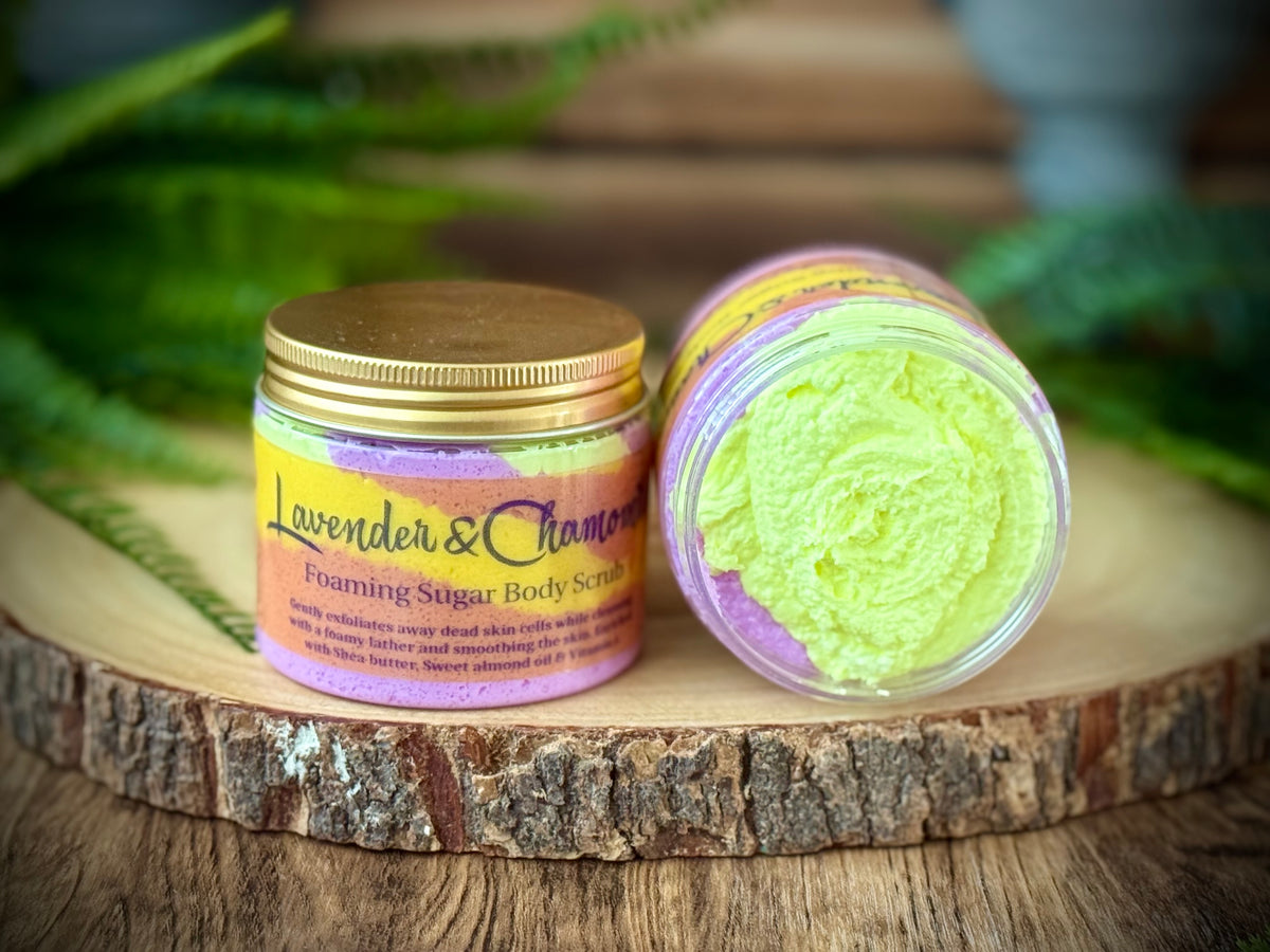 Lavender & Chamomile Foaming Sugar Body scrub to exfoliate and cleanse the skin. 