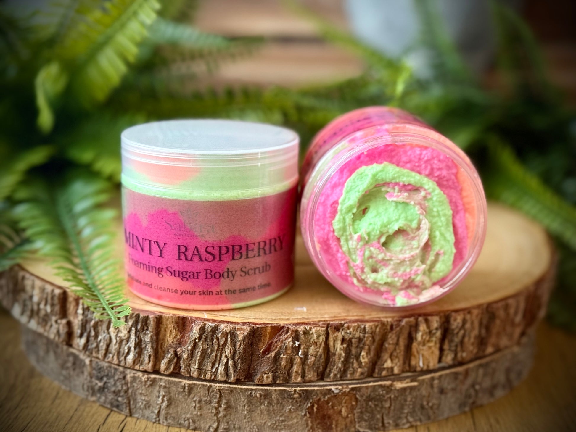 Foaming Sugar Body scrub with Shea butter, Sweet almond oil and vitamin e. Cleanses and exfoliates at the same time.