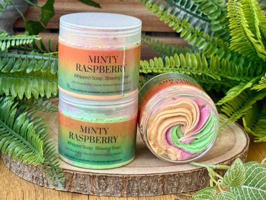 Handmade whipped soap and shaving soap made with shea butter, sweet almond oil and vitamin e.