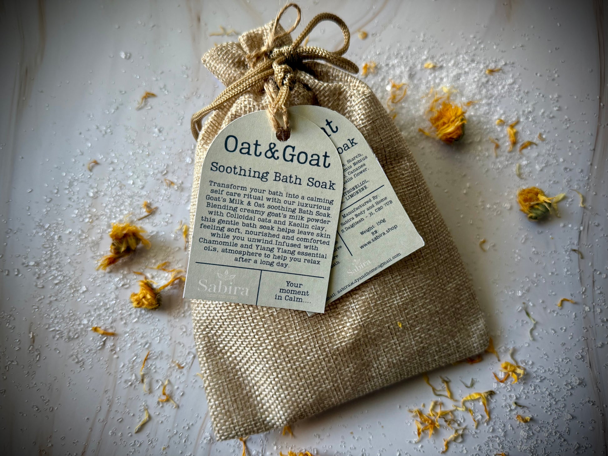 Bath soak with oatmeal and goats milk chamomile and ylang ylang essential oil to hep relax and unwind