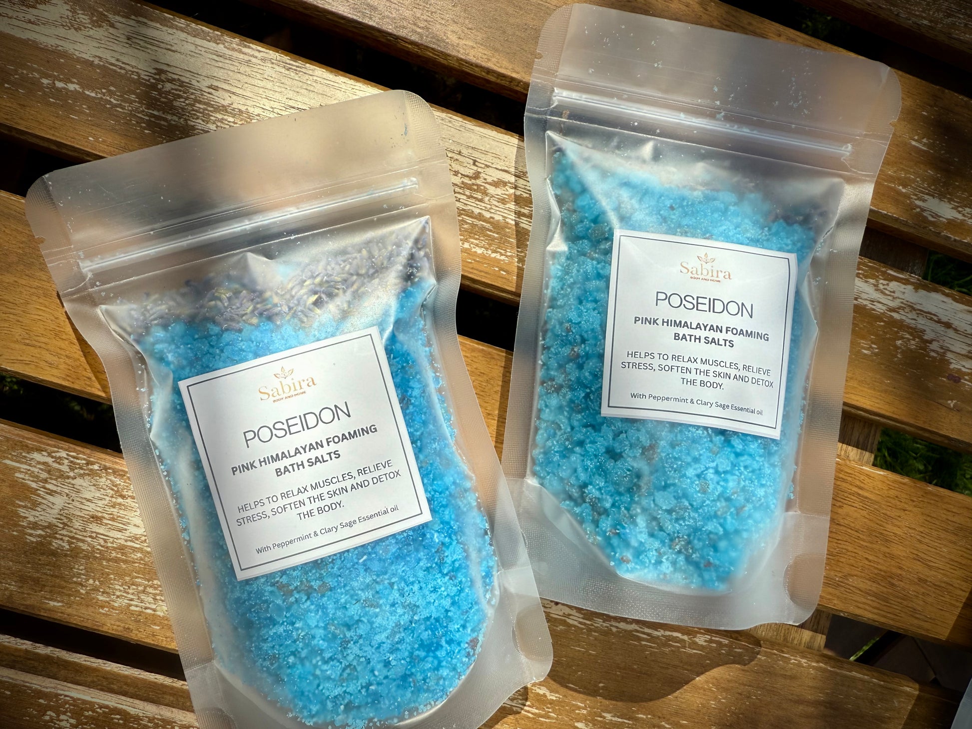 Poseidon Pink Himalayan bath salts with Peppermint and Clary Sage essential oil to relax muscles. 