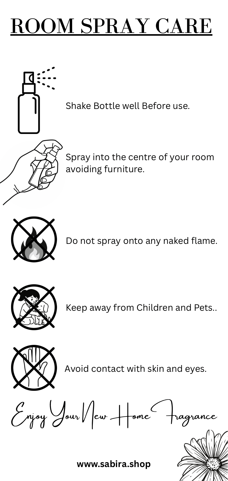 Care card for water based room spray.