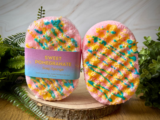 Handmade soap sponge with a pomegrante and floral fragrance.