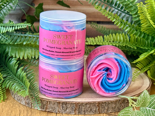 Handmade Sweet Pomegranate Whipped soap conaining Shea utter, Sweet Almond Oil and vitamin e. Shower and Bath product for all skin types.